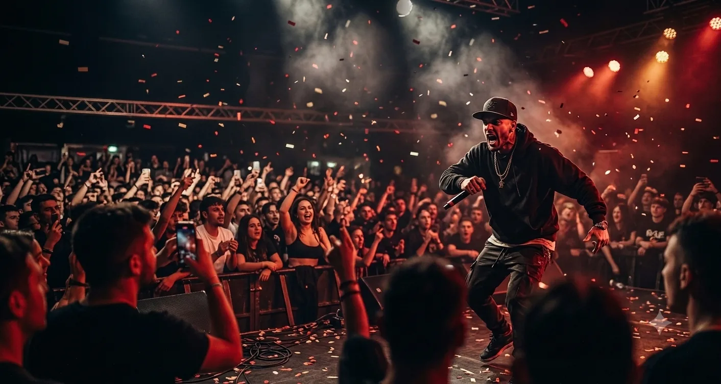 Un MC di OnStage sul palco con il microfono, durante una serata tra il pubblico